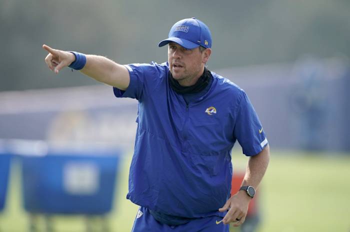 Aug 21, 2020; Los Angeles Rams pass game coordinator Shane Waldron gestures during training camp at Cal Lutheran University. Mandatory Credit: Kirby Lee-USA TODAY Sports